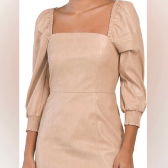 7 For All Mankind Tan Faux Leather Puff Sleeve Mini Dress NWT - Picture 1 of 6
